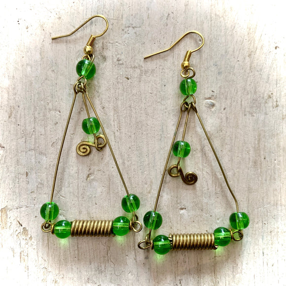 Kenyan Earrings Long Drop Triangular - Green Beads