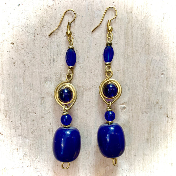 Kenyan Earrings Metalwork & Large Blue Beads