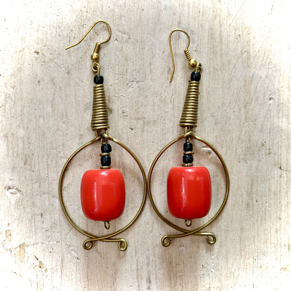 Kenyan Earrings Metalwork & Large Red Bead Drop