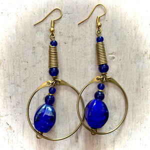 Kenyan Earrings Round Metalwork & Large Blue Beads